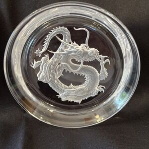 Hoya Crystal Etched Dragon Wine/Bottle Coaster Japan 5.25"